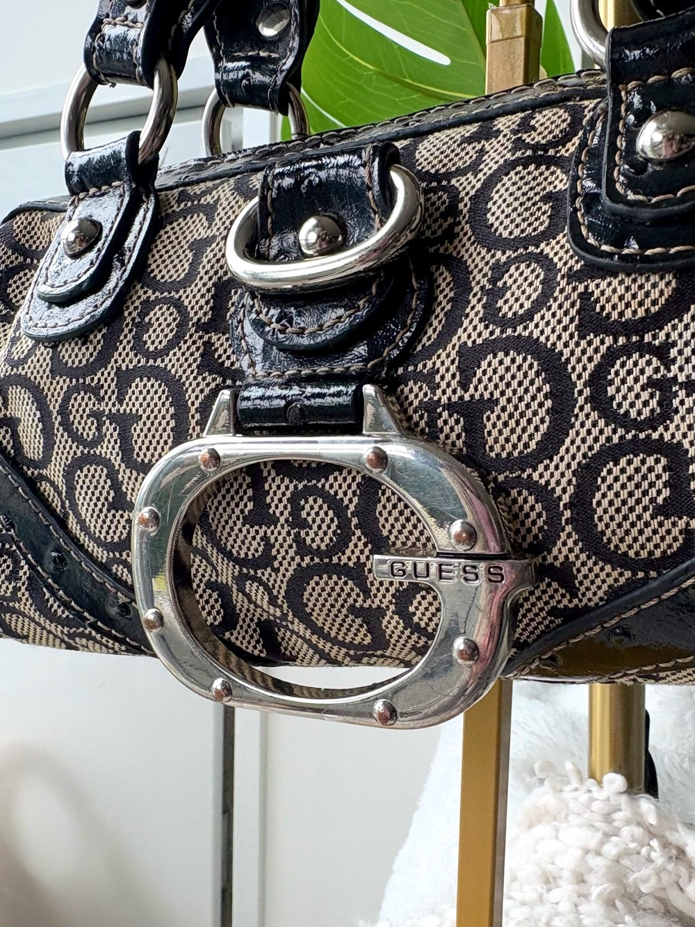 RARE Vintage Y2K GUESS Gloss Mini Monogram Bowler Bag Ostrich McBling - Picture 3 of 13